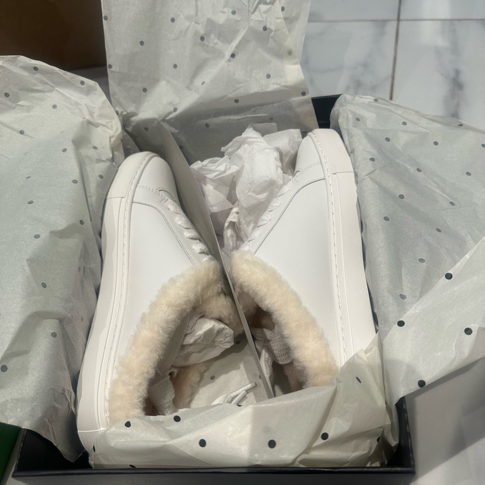 Kate Spade Fez Winter Mule Sneakers - White and Tan Slip-On Sz 6.5 - Picture 9 of 11
